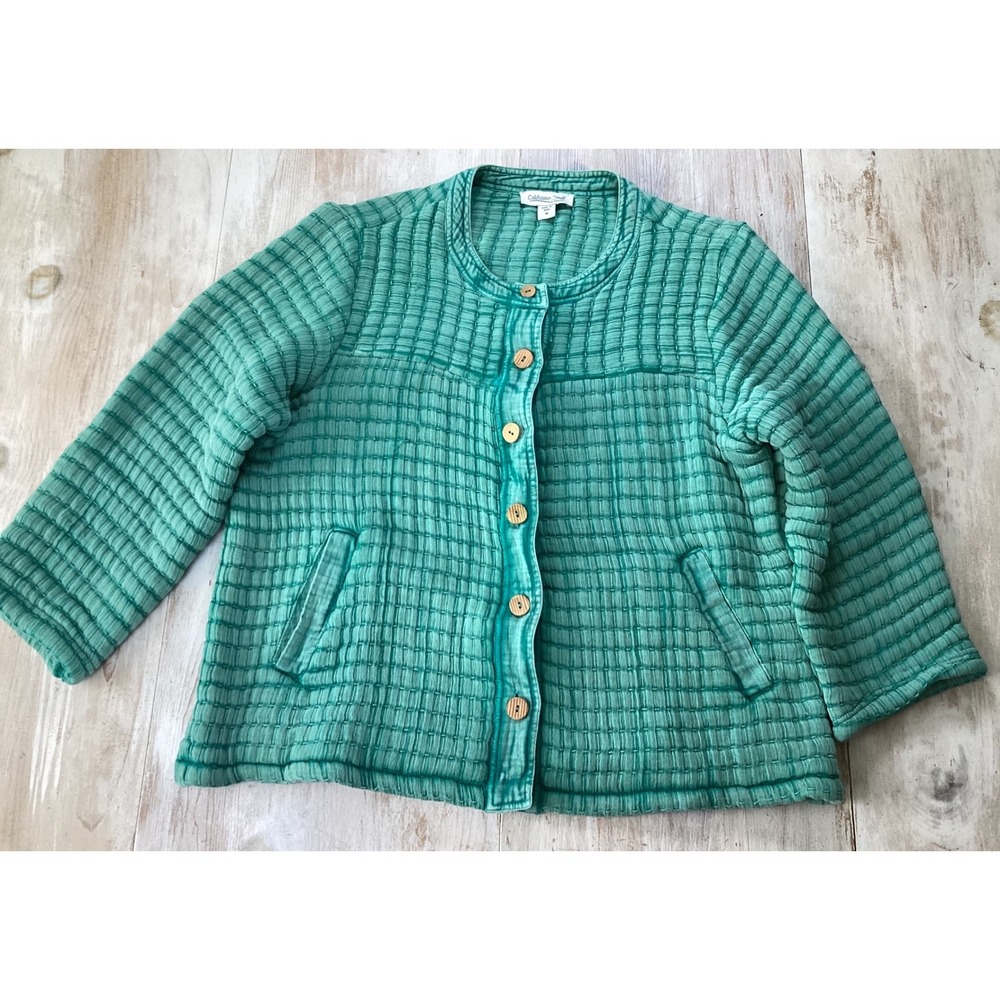 Coldwater Creek Teal Cotton Quilted Gauze Kantha Stitch Jacket Womens Medium M
